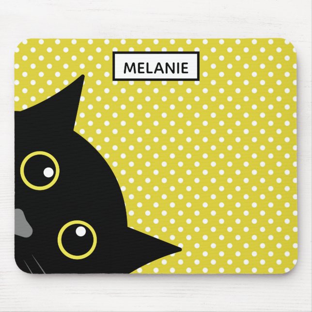Curious Black Cat Yellow Polka Dot Personalised Mouse Mat (Front)