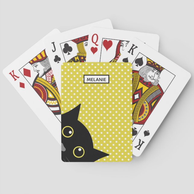 Curious Black Cat Yellow Polka Dot Personalised Playing Cards (Back)