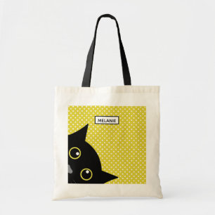 Curious Black Cat Yellow Polka Dot Personalised Tote Bag