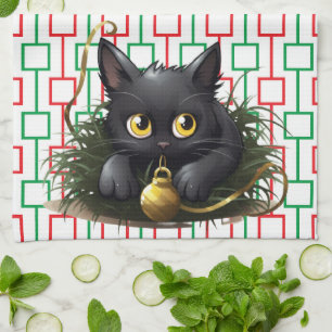 Curious Black Cats playing with decorations Tea Towel
