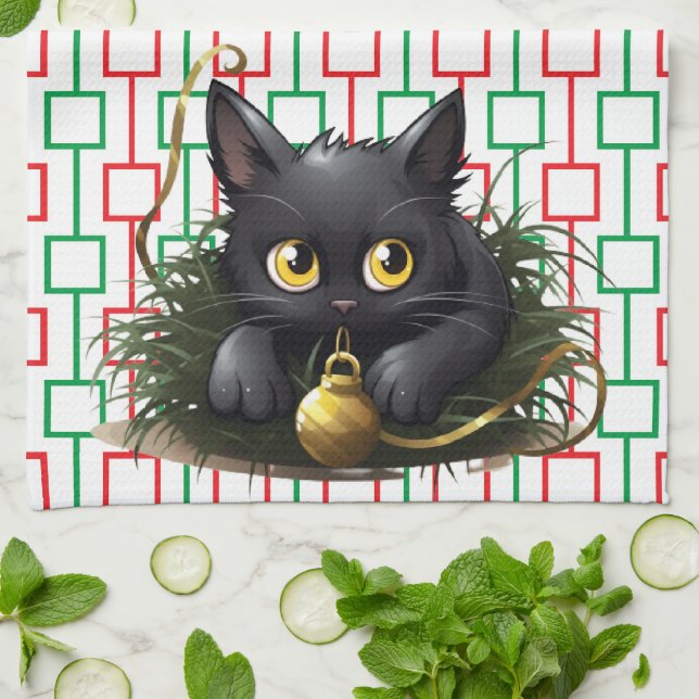 Curious Black Cats playing with decorations Tea Towel (Folded)