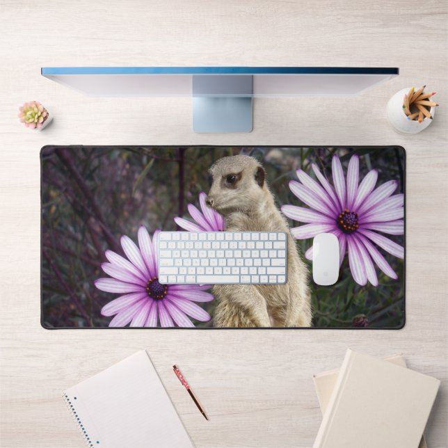 Curious Bloom: Meerkat Among Purple Daisies Desk Mat (Office 1)