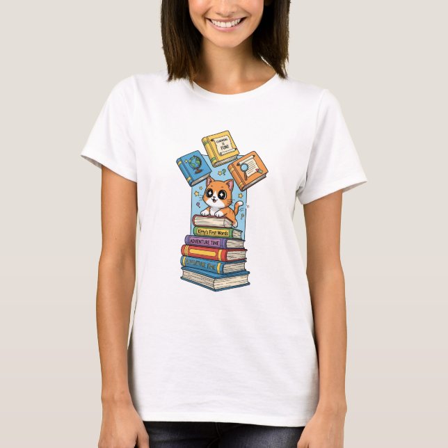 Curious Bookworm Kitten Illustration T-Shirt (Front)