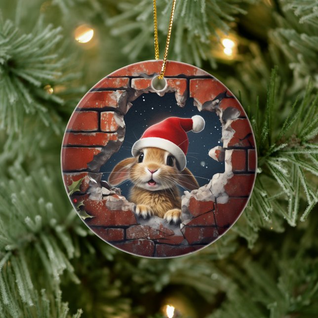 Curious Bunny in Santa Hat - 3D Ceramic Tree Decoration (Tree)