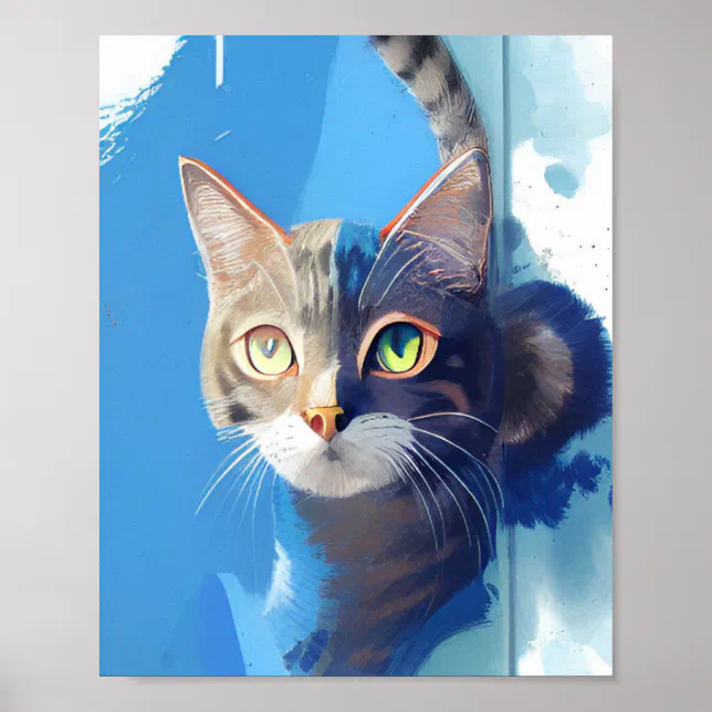 Curious Abstract Image Curious cat abstract art from the blue poster | Zazzle
