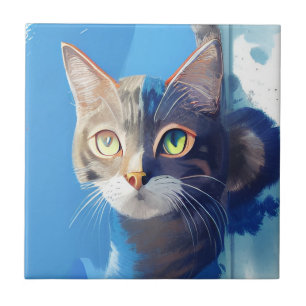 Curious cat abstract art from the blue tile