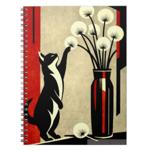 Curious Cat and Dandelions – Art Deco Style Notebook