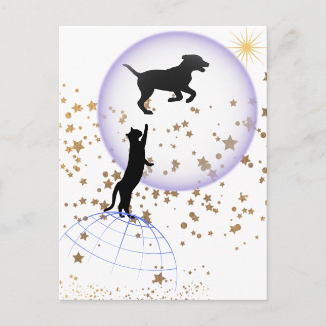 Curious cat and running dog holiday postcard (Front)