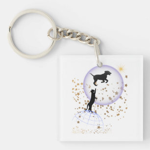 Curious cat and running dog key ring
