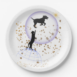 Curious cat and running dog paper plate