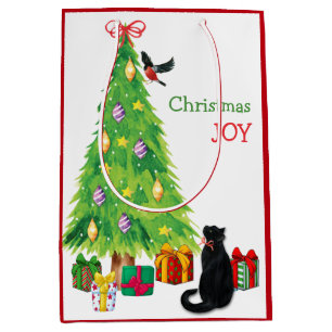 Curious Cat, Bird, and Christmas Tree Medium Gift Bag
