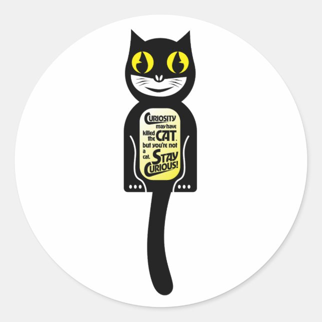 Curious Cat Black Yellow Classic Round Sticker (Front)
