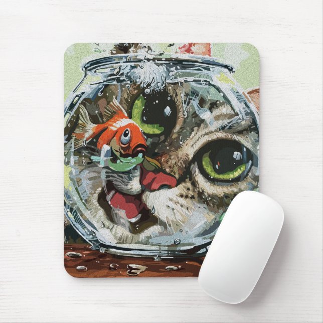 Curious Cat & Cautious Goldfish Mouse Mat (With Mouse)