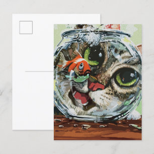 Curious Cat & Cautious Goldfish Postcard