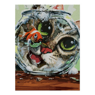 Curious Cat & Cautious Goldfish Poster