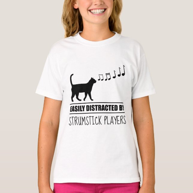 Curious Cat Distracted by Strumstick Players T-Shirt (Front)