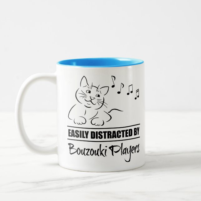Curious Cat Easily Distracted by Bouzouki Players Two-Tone Coffee Mug (Left)
