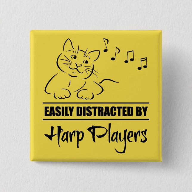 Curious Cat Easily Distracted by Harp Players 15 Cm Square Badge (Front)
