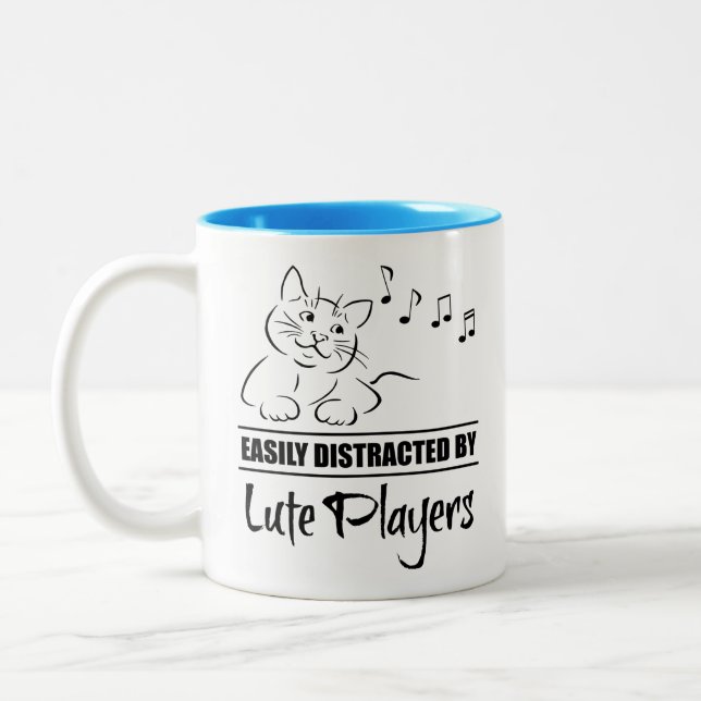 Curious Cat Easily Distracted by Lute Players Two-Tone Coffee Mug (Left)
