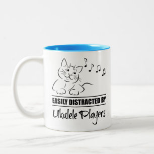 Curious Cat Easily Distracted by Ukulele Players Two-Tone Coffee Mug