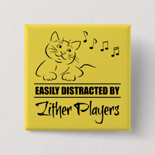 Curious Cat Easily Distracted by Zither Players 15 Cm Square Badge