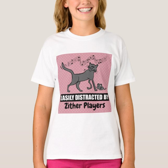 Curious Cat Easily Distracted by Zither Players T-Shirt (Front)