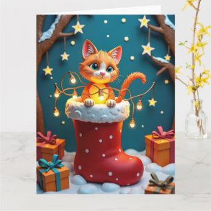 Curious Cat in Christmas Stocking Paper Art Card