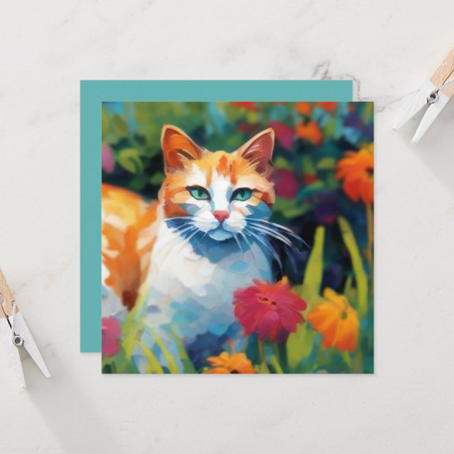 Curious Cat In the Garden Greetings Card (Front/Back In Situ)