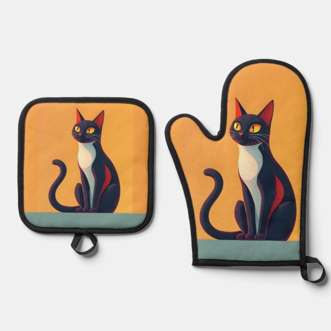 Curious Cat Oven Mitt & Pot Holder Set (Front)