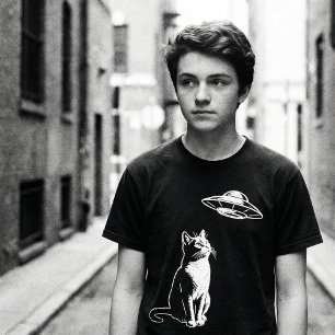 Curious Cat Watching UFO – Funny Alien Cat Sci-Fi T-Shirt