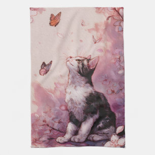 Curious Cat with Golden Eyes and Pink Flowers Tea Towel