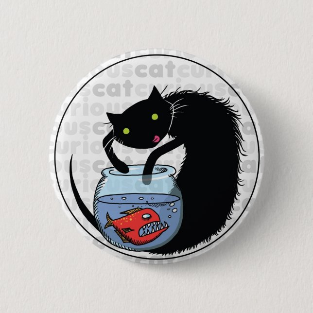 Curious Cat with Piranha 6 Cm Round Badge (Front)