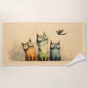 Curious Cats – Whimsical Cat Art Beach Towel