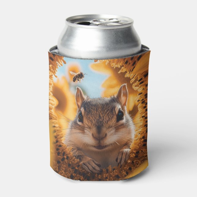 Curious Chipmunk Peeking Through Eaten Sunflower  Can Cooler (Can Front)