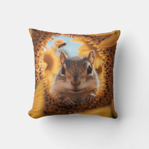 Curious Chipmunk Peeking Through Eaten Sunflower Cushion
