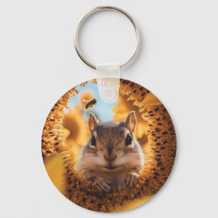 Curious Chipmunk Peeking Through Eaten Sunflower Key Ring