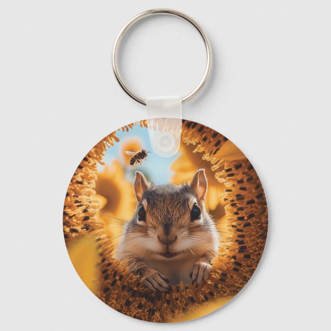 Curious Chipmunk Peeking Through Eaten Sunflower  Key Ring (Front)
