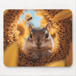 Curious Chipmunk Peeking Through Eaten Sunflower Mouse Mat