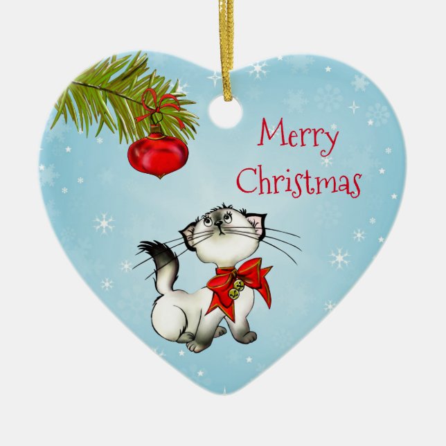 Curious Christmas Kitty With A Red Bow Ceramic Tree Decoration (Front)