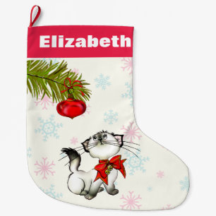 Curious Christmas Kitty With A Red Bow Custom Large Christmas Stocking