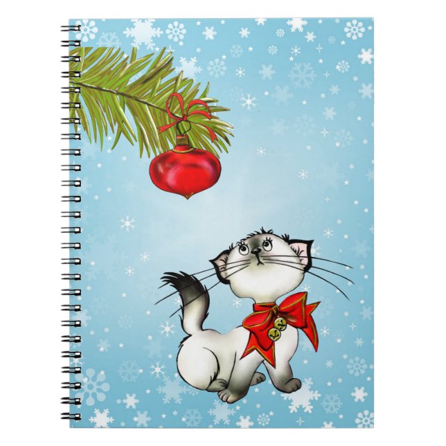 Curious Christmas Kitty With A Red Bow Notebook (Front)
