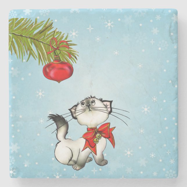 Curious Christmas Kitty With A Red Bow Stone Coaster (Front)