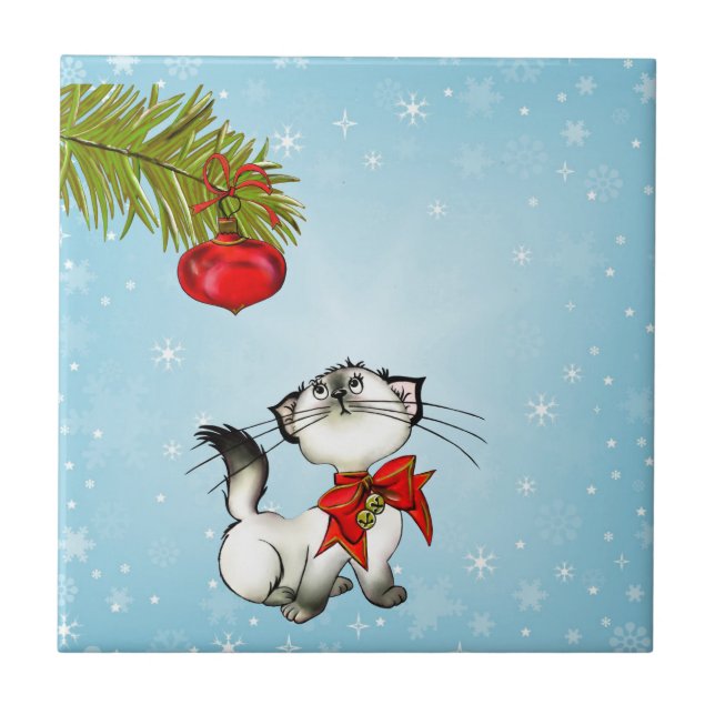 Curious Christmas Kitty With A Red Bow Tile (Front)