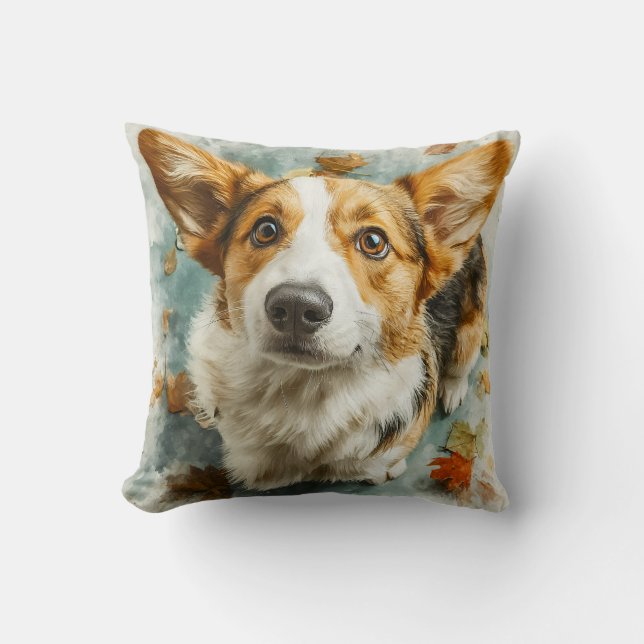 Curious Corgi Autumn Gaze Cushion (Front)