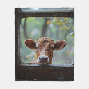 Curious Cow Looking Through a Window Fleece Blanket