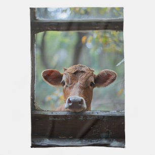 Curious Cow Looking Through a Window Tea Towel
