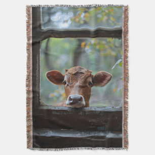 Curious Cow Looking Through a Window Throw Blanket