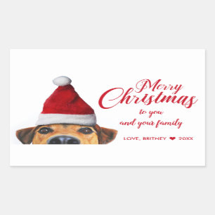 Curious Cute Funny Dog with Santa Hat Rectangular Sticker