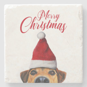 Curious Cute Funny Dog with Santa Hat Stone Coaster