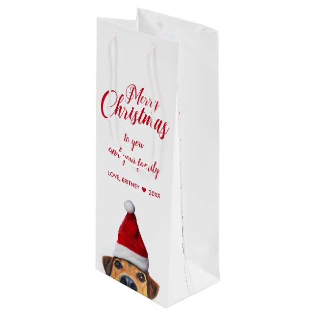 Curious Cute Funny Dog with Santa Hat Wine Gift Bag (Front Angled)